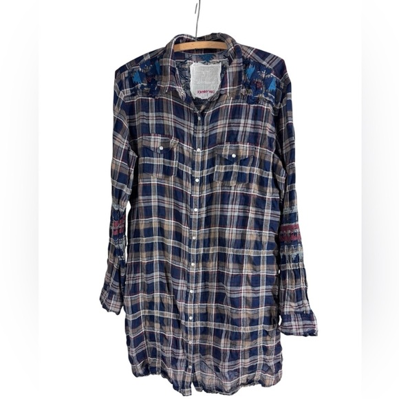 Johnny Was 3J Workshop long plaid embroidered lightweight button front shirt S - Picture 6 of 7